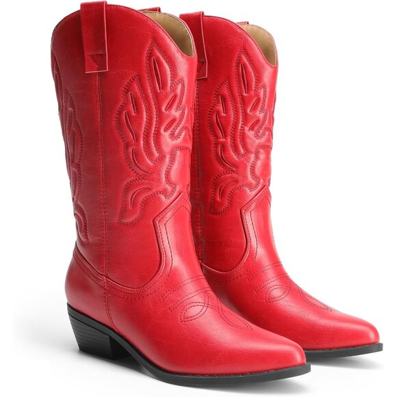 Women's Red Mid Calf Western Embroidery Stitched Faux Leather Cowgirl Boots - Picture 3 of 8